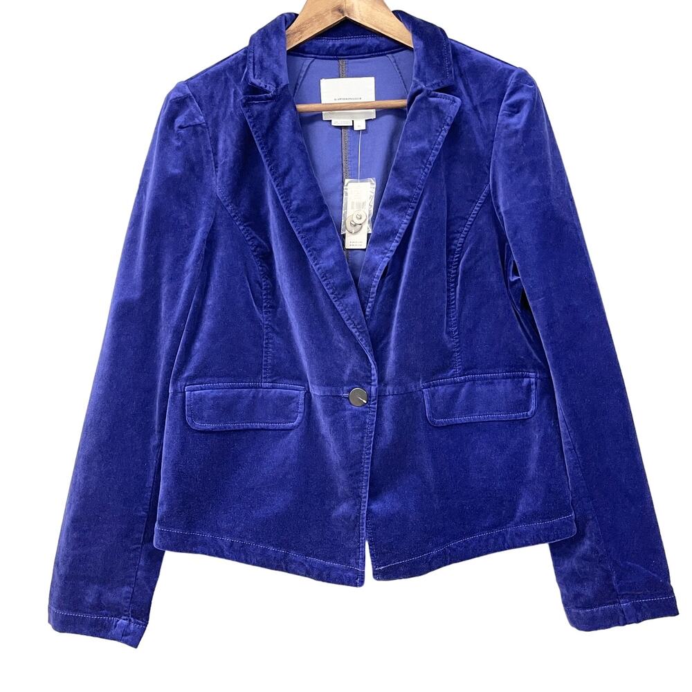 By Anthropologie Blue Velvet Blazer Women XLarge Chic Preppy Dopamine Monochrome